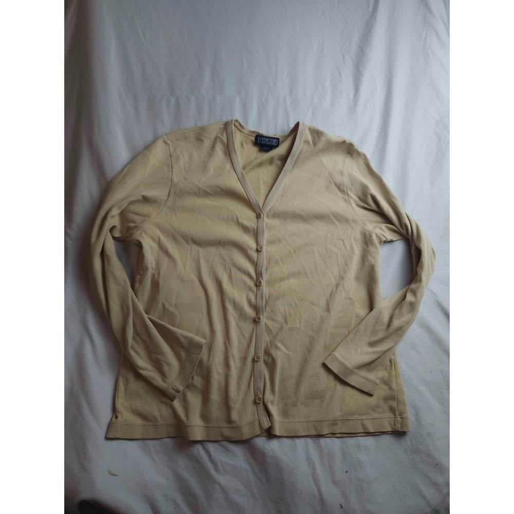 Lands' End Cardigan Sweater Womens Medium Beige Knit Classic Button Front V-Neck